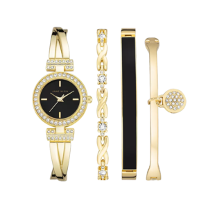 Women's Gold-Tone Alloy Bangle with Crystal Accents Fashion Watch 37mm Set 4 Pieces