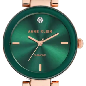 Rose Gold Link Bracelet Watch With Diamond Index And Green Dial
