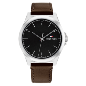 Tommy Hilfiger Mens 1710601 Silver Stainless Steel Quartz Black Dial Brown Genuine Leather Strap Watch